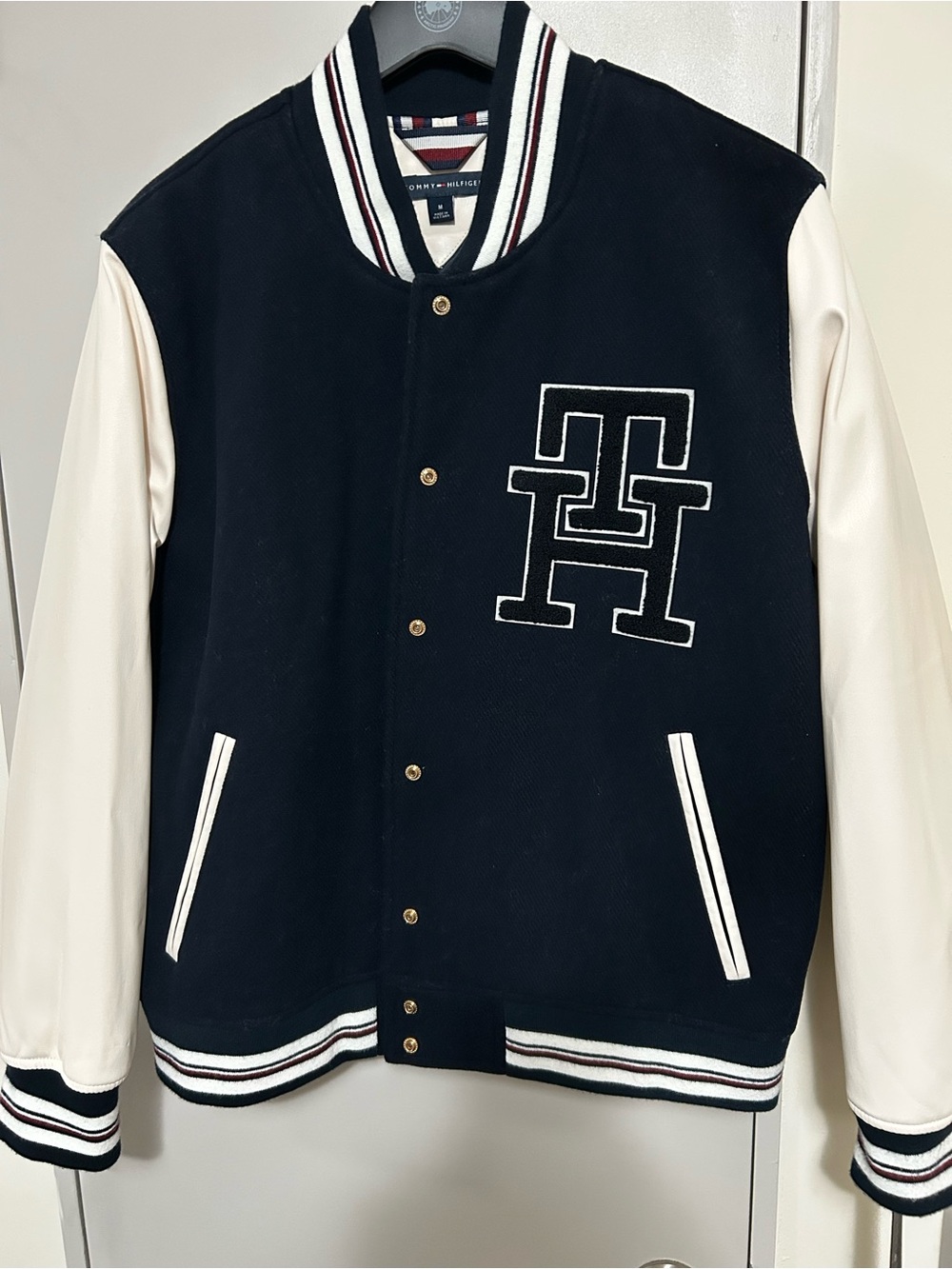 NWT Tommy Hilfiger Men Wool Blend Varsity Letterman Jacket Navy White Size M